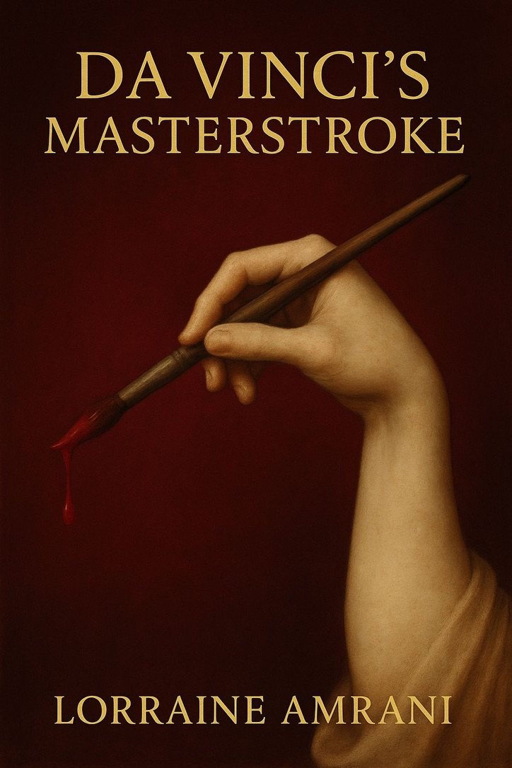 Cover of Da Vinci's Masterstroke by Lorraine Amrani — a hand holding a paintbrush dripping crimson against deep oxblood.
