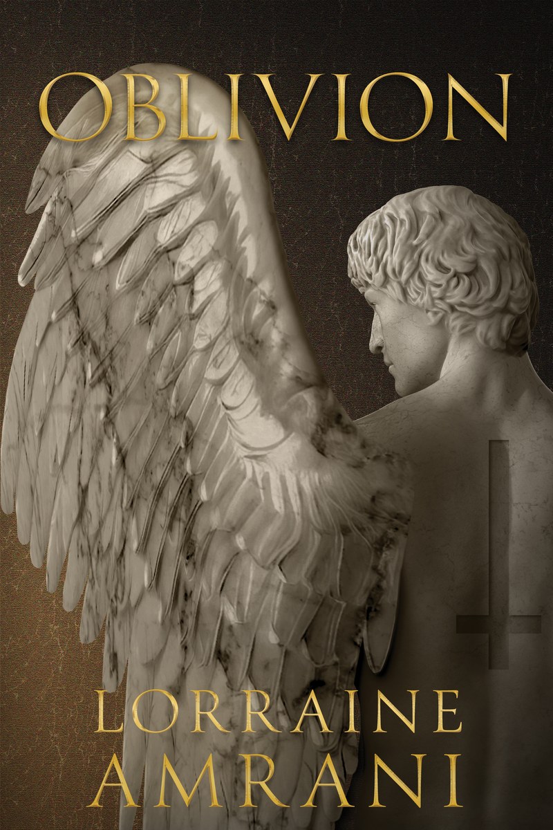 Cover of Oblivion by Lorraine Amrani — a marble angel with a gilded wing, head turned away, against dark stone.