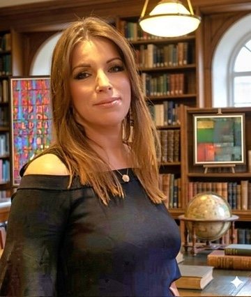 Lorraine Amrani in a book-lined library